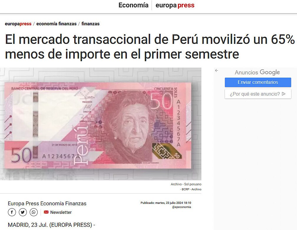 El mercado transaccional de Per moviliz un 65% menos de importe en el primer semestre